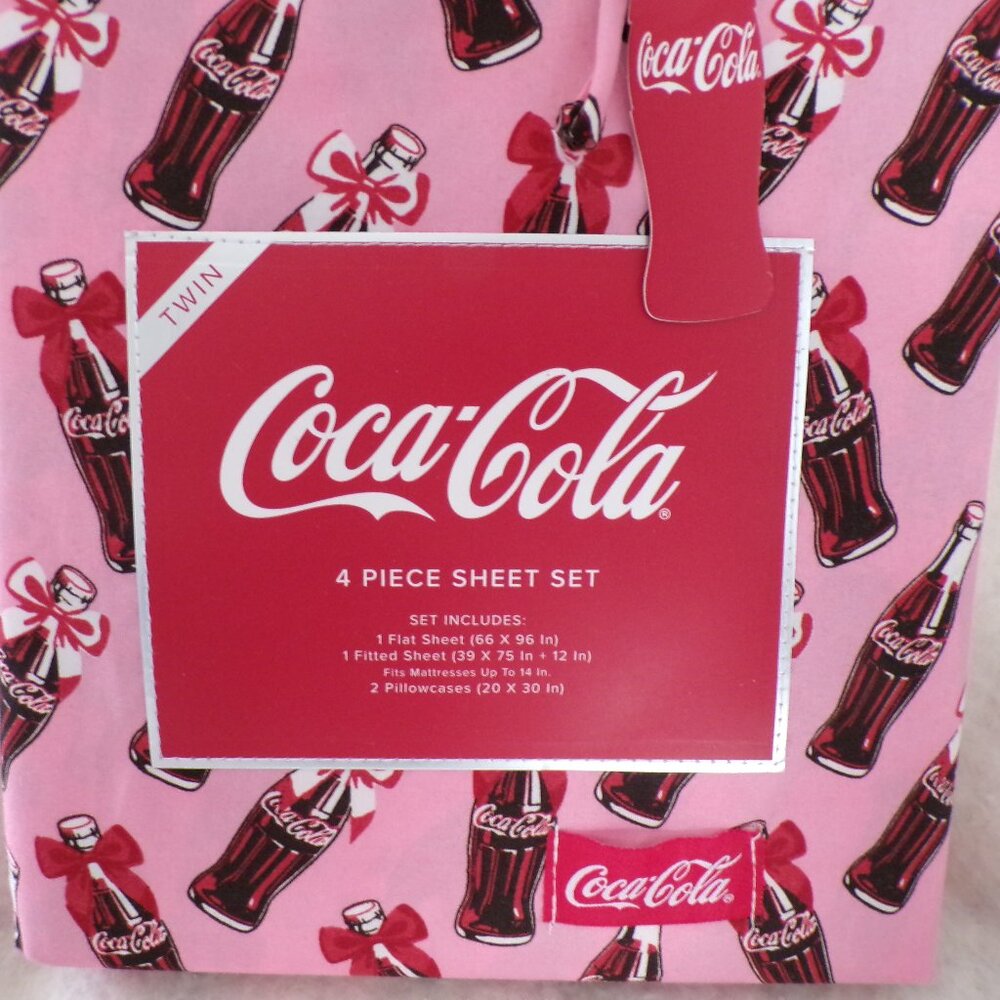 Coke Bottle Print Twin Sheet Set Retro Soda Bedding NWT Coca-Cola 4 pc - Picture 3 of 4